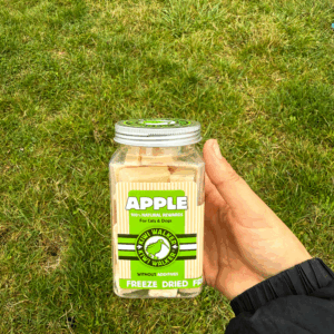 Morceaux de pomme lyophilisée pour chien et chat, dans un pot refermable carré